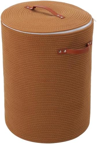 16"x20" Extra Large Cotton Rope Basket with Zipper Lid, Woven Laundry Hamper and Blanket Storage Basket, Round Clothes Bin for Living Room Bedroom, Rust Brown by Cottonphant
