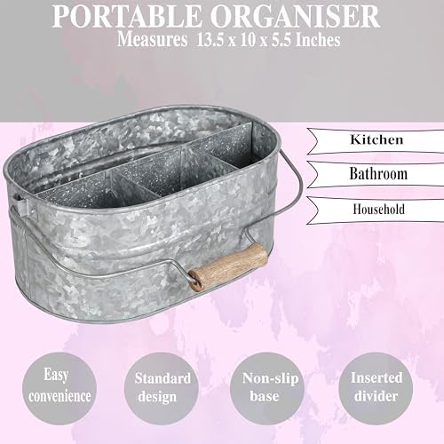 Alpha Living Home Galvanized Metal Utensil Caddy - Rustic Farmhouse Organizer Metal Garden Caddy with 4 Compartments and Wooden Handle for Kitchen, Buffet & Outdoor Events (Silver) - Image 3