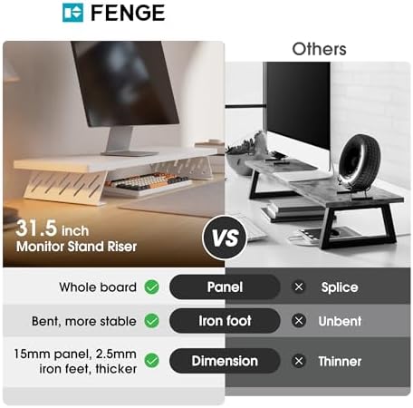 Fenge Monitor Stand Riser, Wooden & Metal Desk Shelf Organizer, White - Image 3