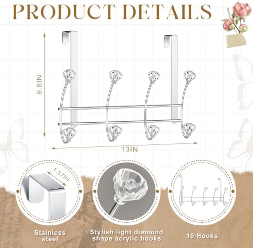 Over The Door Towel Hooks with Crystal Knobs, 8 Hook Heavy Duty Doors Hanger Rack for Bathroom, No Drill Slim Over Door Organizer for Bedroom Closet, Holds Coats Towels Robes Bags Purse - Image 2