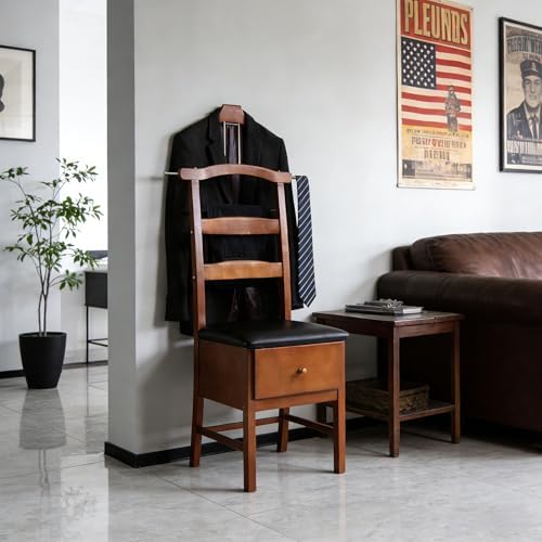 Chair Valet With Drawer,Wooden Suit Valet Stand With Contour Hanger,Trouser Bar and Tie & Belt Bar, 18" W x 23" D x 44" H,Natural wood color - Image 2
