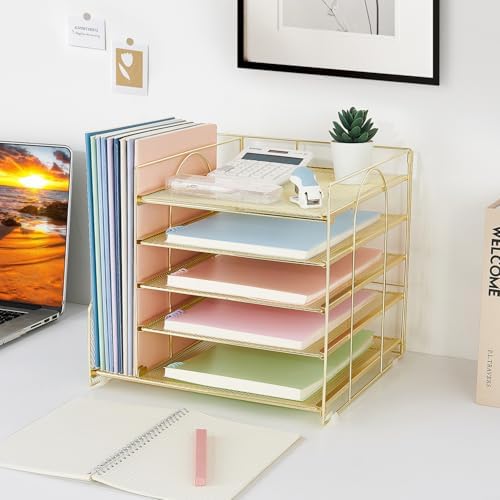 LEKETREE Desk Organizers and Accessories, 5-Tier Paper Letter Tray Organizer with File Holder, Desktop Organizer for Office Supplies (Gold) - Image 6