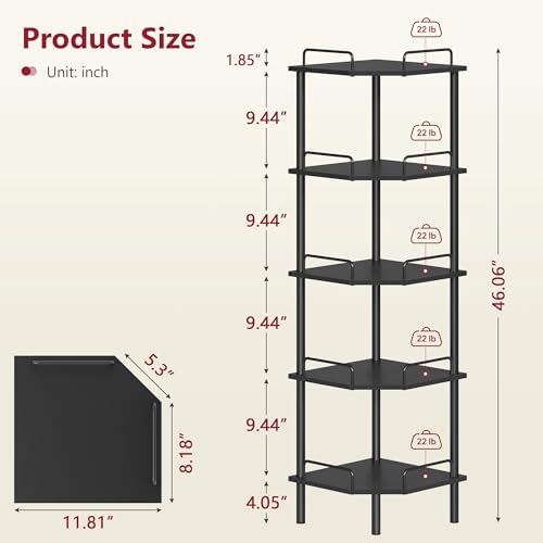 Tajsoon 5 Tier Corner Shelf Stand, Standing Corner Shelf Unit, Black - Image 6