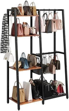 HavenlyYouth Purse Storage Organizer for Closet, 4-Tier Iron Wood Purse Rack, 8 Purse Hooks & 2 Side Hooks for Bag Organizer, Large Capacity Handbag Storage Rack for Home, Living Room by HAVENLYYOUTH