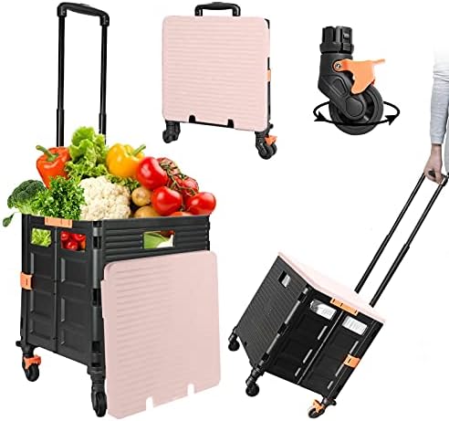 Quick Utility Cart Folding Portable Rolling Crate Handcart with Durable Heavy Duty Plastic Telescoping Handle Collapsible 4 Rotate Wheels for Travel Shopping Moving Luggage Office Use (black&pink lid) - Image 5
