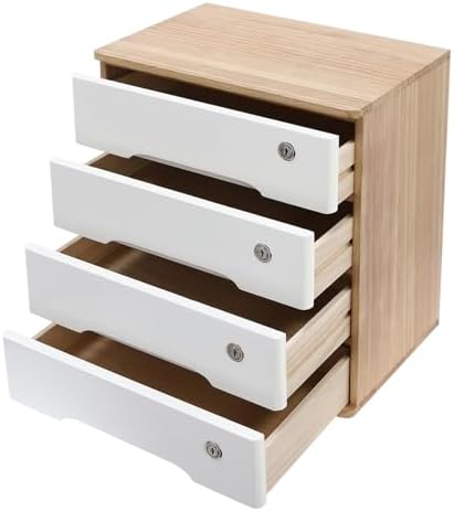 4-Tier Wooden Storage Cabinet, Dsmall File Cabinet, Office Supplies A4/Receipt File Organizer, Desk Storage Organizer With Lockable Drawers, Home Office Storage Cabinet,Wood+White40*28*40.5Cm - Image 6