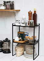 Shantton 2pk Kitchen Cabinet Shelf Counter Organizer Rack Pantry Storage Bathroom Bedroom Office Table Desk Space Saving Steel Frame Stackable Rust Resistant Non Slip Black-Tall-L13in W8.3in H9.5in - Image 6