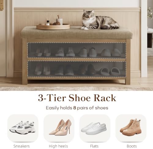 Zihanhome 2 Tier Shoe Rack Bench with Cushion, Solid Wood Shoe Benches, Mid-Century Modern Shoe Storage Bench for Entryway, Hallway, Living Room, Closet, Front Door Entrance, (Brown, 39.4") - Image 6