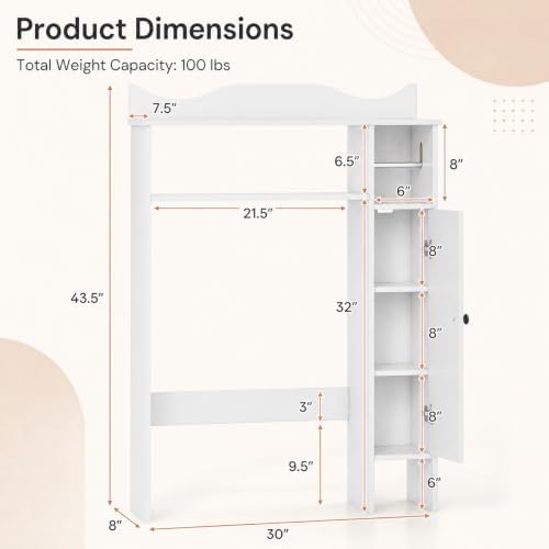 GIANTEX Over-The-Toilet Storage Cabinet, Bathroom Freestanding Space Saver with 1-Door Side Storage Cabinet & Paper Holder, Toilet Rack Organizer Stand for Bathroom Laundry (White) - Image 3