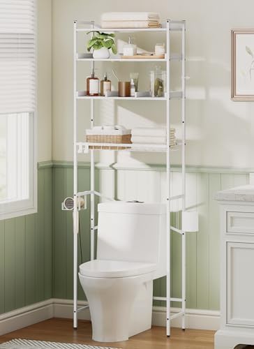 Quikraen 4 Tier Over The Toilet Storage Shelf with 3 Adjustable Shelves, Space Saver Bathroom Organizer with 4 Hooks, Freestanding Above Toilet Rack for Restroom Laundry (White) by Quikraen