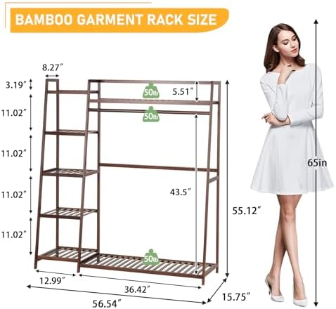 Baveke Standing Clothes Rack with Shelves, Free Standing Closet Garment Racks for Hanging Clothes, 7 Shelf Bamboo Closet Organizer System, Heavy Duty Clothes Hanging Rack for Bedroom - Image 2