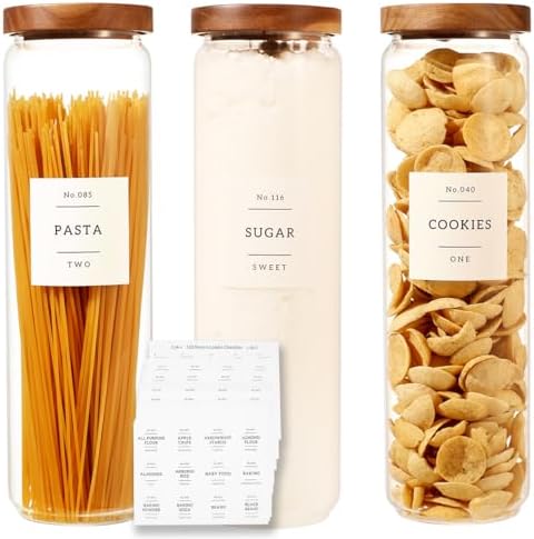 3 Pack Glass Canisters with Airtight Acacia Lids and 132 Kitchen Pantey Labels Preprint - 51 Fl Oz Borosilicate Glass Pantry Storage Jars Containers with Wooden Lids for Pasta,Spaghetti,Cereal,Noodles by XOTAISM