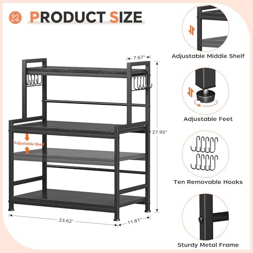 23.6"W Large Kitchen Countertop Organizer, 3 Tier Spice Rack Organizer with Adjustable Shelf and 10 Hooks, Wooden Counter Organizer, Countertop Shelf Microwave Stand for Kitchen, Coffee Bar, Black - Image 2