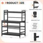 23.6"W Large Kitchen Countertop Organizer, 3 Tier Spice Rack Organizer with Adjustable Shelf and 10 Hooks, Wooden Counter Organizer, Countertop Shelf Microwave Stand for Kitchen, Coffee Bar, Black - Image 2
