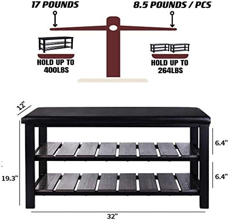 Finnhomy 3-Tier Shoe Rack Bench Cushion. Holds Up to 400 lb Rack, for Entryway, Bedroom, Hallway, Accent Furniturn, Elegant Black Wood - Image 3