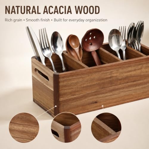 Acacia Wood Silverware Caddy, 4-Compartment Countertop Organizer - Image 4