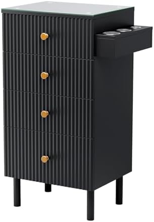 OmySalon Salon Station, Barber Station for Stylist, Hair Storage Cabinet with Glass Top & 4 Drawers & 3 Heat Resistant Tool Holders, For Beauty Spa, Salon, Black by OmySalon
