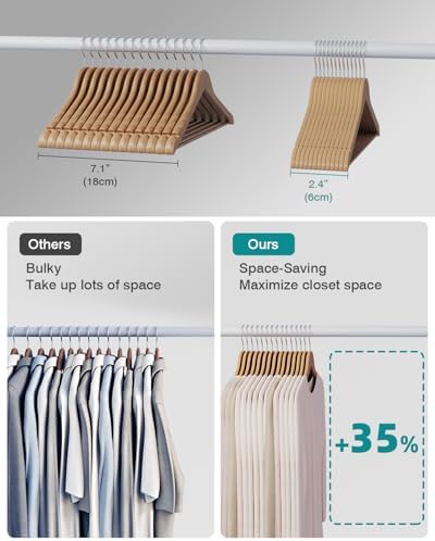ABHENG 30 Pack Wooden Coat Hangers, 360° Swivel Hook, Suit Hangers with Anti-Slip Notches, Clothes Hangers for Jackets, Shirts, Dress, Natural UAWY0530N - Image 2