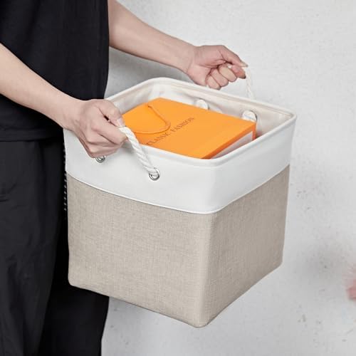 13 x 13 Inch Cube Storage Bins,Storage Cubes for Shelves，Foldable Organizer Boxes with Handles, Decorative Storage Basket for Organizing Clothes, Toys, Books(White&Beige) - Image 6
