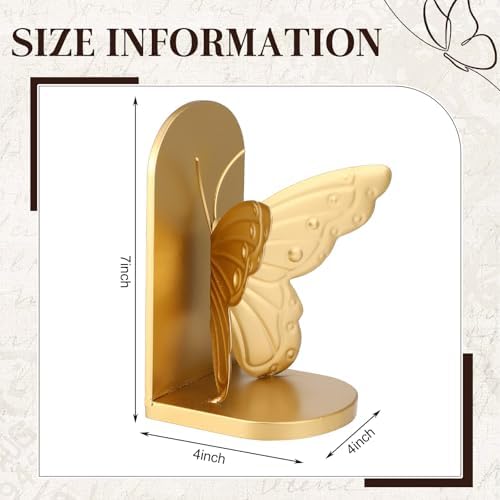 2 Pcs Vintage Butterfly Bookends Metal Butterflies on Stands with Gold Finish, 7" Tall Heavy Duty Decorative Book Ends, Book Stopper Holder Decor for Desk Home Office Shelf Decorations - Image 2