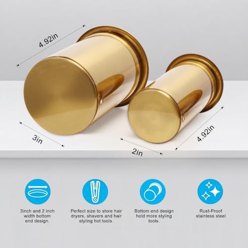 3-Inch 1Pcs and 2-Inch 1Pcs Hot Tool Holder Canister Package, Blow Dryer & Curling Iron Holder Tube, Closed Bottom Heat-Resistant Stainless Steel Hair Dryer Organizer for Salon & Home (Gold) - Image 2