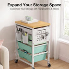 ALVOROG Rolling Storage Cart with 5 Drawers,Pegboards,Wooden Top,Bins,Green - Image 2