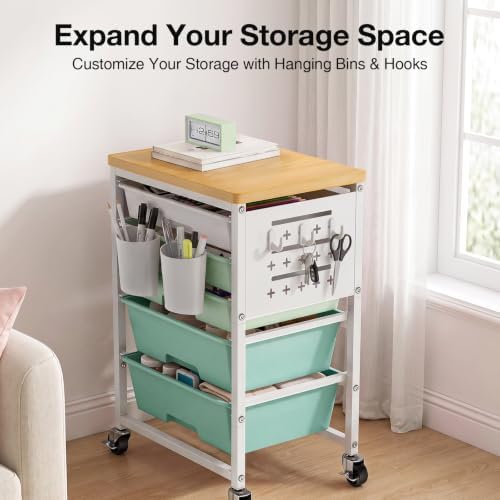 ALVOROG Rolling Storage Cart with 5 Drawers,Pegboards,Wooden Top,Bins,Green - Image 2