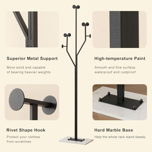JIAYUEJU Freestanding Coat Rack Marble Base Coat tree Heavy Duty(Black) | Tree-shaped Easy Assembly Space Saver Metal Frame 8 Hooks for Entryway Bedroom Living Room Office Corner - Image 3