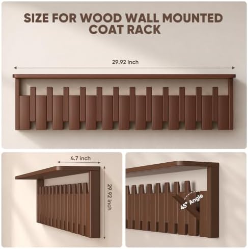 Coat Rack Wall Mount with Shelf, Wood Coat Rack with 12 Hooks, Decorative Wall Storage for Entryway, Bedroom, Bathroom, Living Room and Office - Image 4