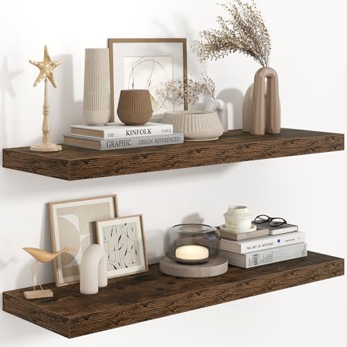 Fun Memories 36 Inch Long Floating Shelves for Wall, 9.3 Inch Deep Floating Shelf, 2 Packs Long Shelves for Bathroom, Living Room, Bedroom, Wall Mounted Storage Shelf for Books Decor, Rustic Brown by FunMemories