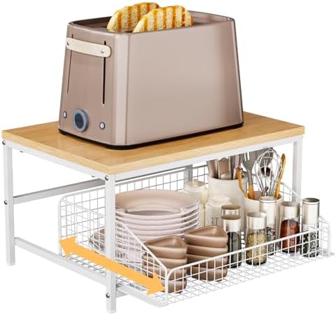 KLM Pull Out Spice Rack Organizer for Cabinet,Rustic Wood Top with Wire Basket Storage,Kitchen Countertop Organizer and Storage for Pantry, Counter top,Coffee Station Wood. (Natural) by KLM