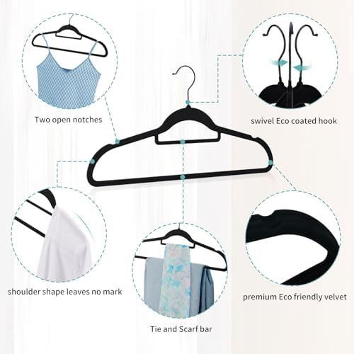 Black Velvet Hangers 30 Pack - Non Slip Clothes Hangers, Ultra Slim Hangers, Space Saving Swivel Black Hook, Suit, Top, Tie, Shirt, Skirt & Pant Felt Hangers, Black Hangers - Image 7