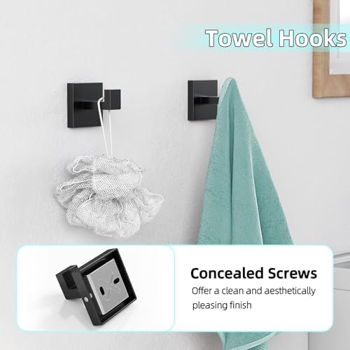 5-Pieces Matte Black Bathroom Hardware Accessories Set, 24 Inch Stainless Steel Towel Racks for Bathroom, Towel Bar Set Towel Ring Coat Hook and Toilet Paper Holder with Shelf Wall Mounted - Image 4