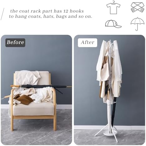 Kitsanery Coat Rack Freestanding,Metal Coat Tree with Umbrella Holder,Hat and Coat Rack Stand for Entryway, Hallway, Living Room, Bedroom (White) - Image 2