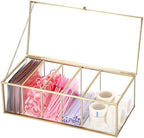 ELLDOO Lash Extension Organizer Box with Lid, Gold Glass Eyelash Supplies Organizer Storage Box, 5 Compartments Bathroom Supplies Storage Container for Cotton Swabs, Balls, Pads, Floss Picks by ELLDOO