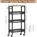 Slim Storage Cart with Wheels, 4 Tier Metal Rolling Organizer with Wood Top and Handle, Narrow Utility Shelf for Kitchen Bathroom Laundry Room, Black - Image 3