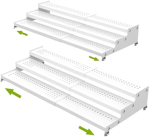 Jojocross Spice Rack Organizer for Cabinet, 3 Tier Expandable Shelf, Great for Kitchen Cabinets, Cupboard,Pantry and More,Metal Plate with Hole (2 Packs/White,9.45" D x 12.8"~24“L x 3.56" H) by JOJOCROSSHIGHQUALITYLIFE