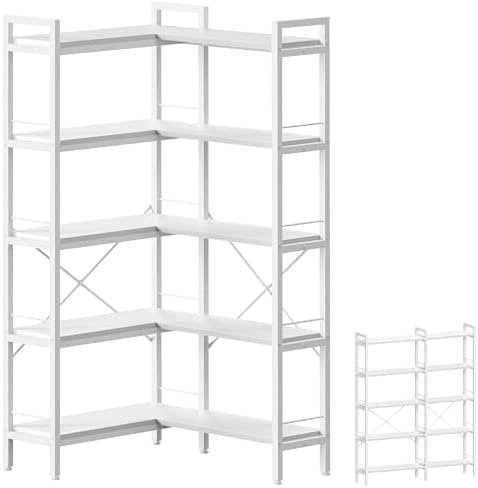 Huuger 5 Tier Bookshelf, L Shaped Corner Bookshelf with 10 Open Shelves, 49.4 Inch Straight Wide Bookcase with Metal Frame and Wooden Board, Adjustable Feet, White by Huuger