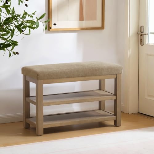 Zihanhome 2 Tier Shoe Rack Bench with Cushion, Solid Wood Shoe Benches, Mid-Century Modern Shoe Storage Bench for Entryway, Hallway, Living Room, Closet, Front Door Entrance, (Brown, 31.5") - Image 3