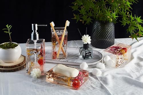 Locco Decor Bathroom Vanity Accessory Set Acrylic Liquid 3D Floating Motion Toothbrush Holder, Tumbler, Soap Dispenser, Soap Dish, Toilet brush, 5-Piece Accessory Set Garden Botanic Pink Plants - Image 4