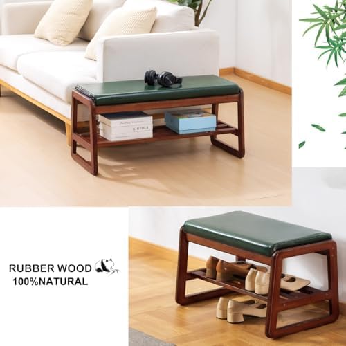 latifolia Solid Wood Bench, Entryway Shoe Bench with Cushion, 2 Tier Shoe Storage Organizer for Hallway, Living Room(Green,21.65''L) - Image 6