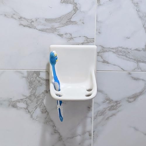 Ceramic Toothbrush Holders for Bathrooms Over Tile Wall Mount Flat Back Tumbler Toothpaste Tooth Brush Paste Shower (Bone Glossy) - Image 2