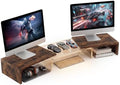 Dual Monitor Riser, Acrylic Monitor Riser with Keyboard Storage, Adjustable Angle & Length Computer Monitor Stand, Wide Desk Shelf for Top of Desk for Home Office_Wood Look by Bingyouth