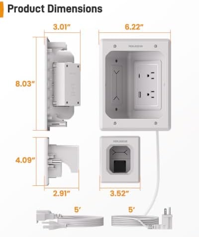 Perlegear in Wall Cable Management Kit, USB & Type C PortsTV Cord Hider & Cable Hider, Wire Hider with Recessed Power, Includes Drill Template, Dust Bag, Drywall Saw, Extension Cable - Image 2