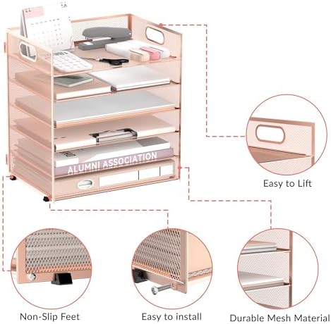 Daltack 6-Tier Paper Organizer for Desk with Handle, Rose Gold, 2 Pack - Image 4