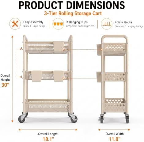 3 Tier Heavy Duty Metal Rolling Utility Cart Organizer with Wheels, Beige - Image 3
