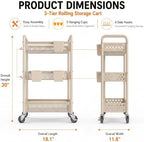 3 Tier Heavy Duty Metal Rolling Utility Cart Organizer with Wheels, Beige - Image 3