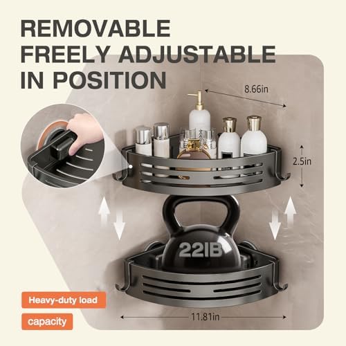 Lekesky Corner Shower Caddy Suction Cup, Corner Shower Shelf with Hooks, Bathroom Shelves No Drilling, Bathroom Organiser for Bathrooms Storage (Aluminum, 2-Pack, Gunmetal Grey) - Image 5