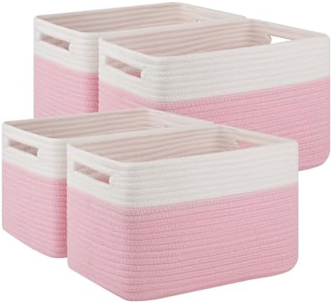 4 Pack Storage Baskets for Organizing, Woven Baskets for Shelves - Perfect for Toys, Books, Towels, and Clothes, Durable Gift Basket Bins Toy Storage, 12.7''Lx9''Wx7.8''H, Pink & White by SIXDOVE