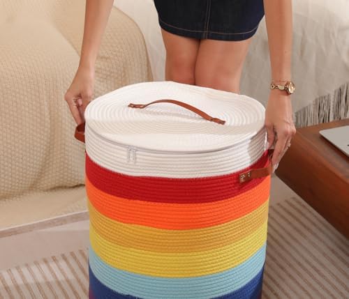 16"x20" Extra Large Cotton Rope Basket with Zipper Lid, Woven Laundry Hamper and Blanket Storage Basket, Round Clothes Bin for Living Room Bedroom, Rainbow & White - Image 6